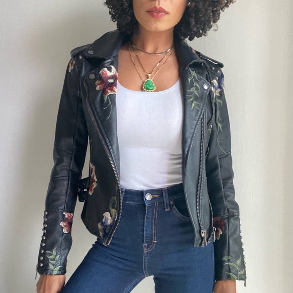 Black Leather Floral Embroidered jacket